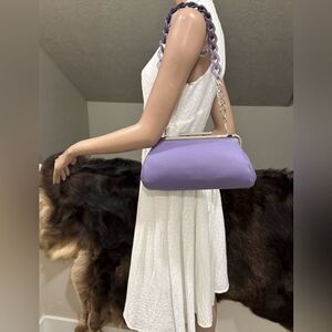Purple Pebble Calfskin Leather Handmade Push Lock Baguette Bag, Multi Use Style